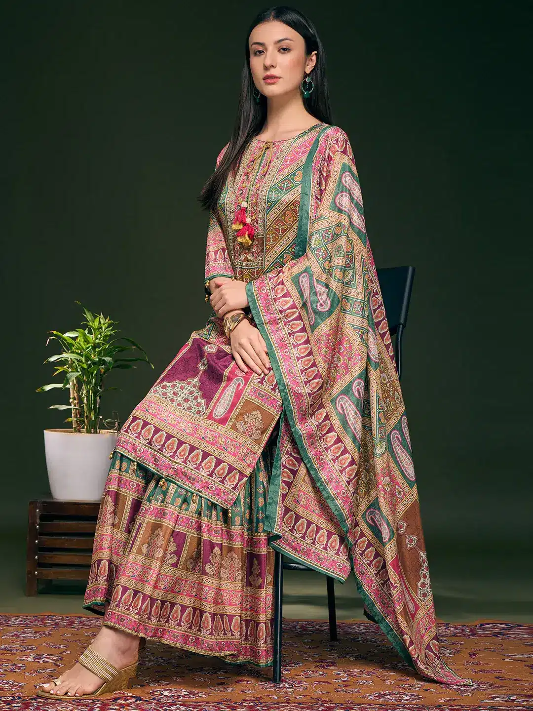 Ethnic Printed & Hand Embroidered Kurta with Sharara & Dupatta - Multi