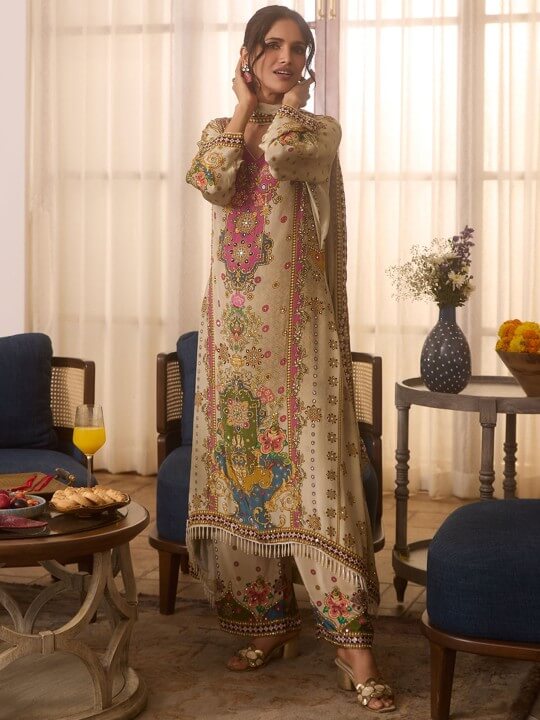 Floral Embroidered V-Neck Mirror Work Straight Kurta With Palazzos & Dupatta by Anouk