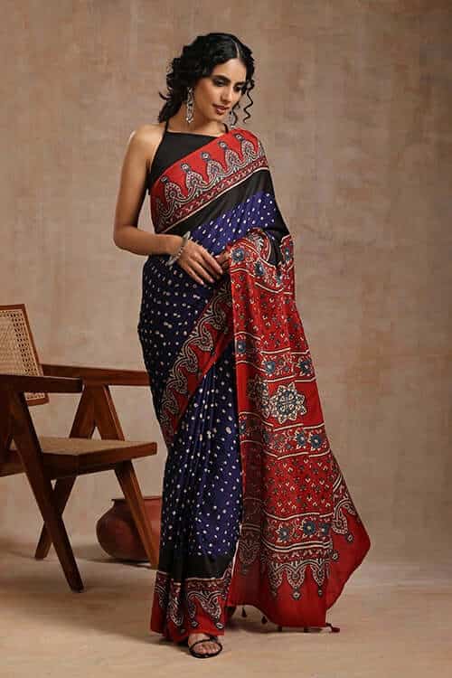 Jahangir Khatri - Red & Navy Blue Ajrakhn & Bandhani Modal Saree
