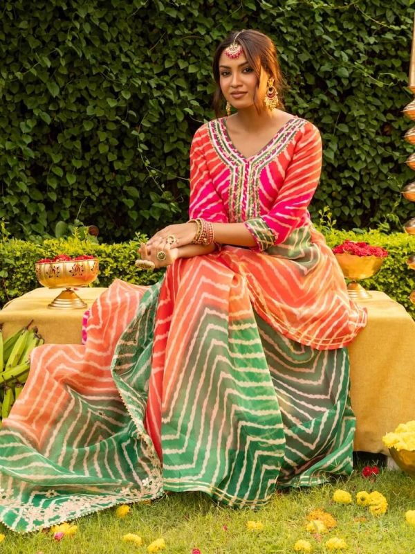 Leheriya Printed & Gota Patti Embroidered Peplum Top with Skirt and Printed Dupatta - Multi