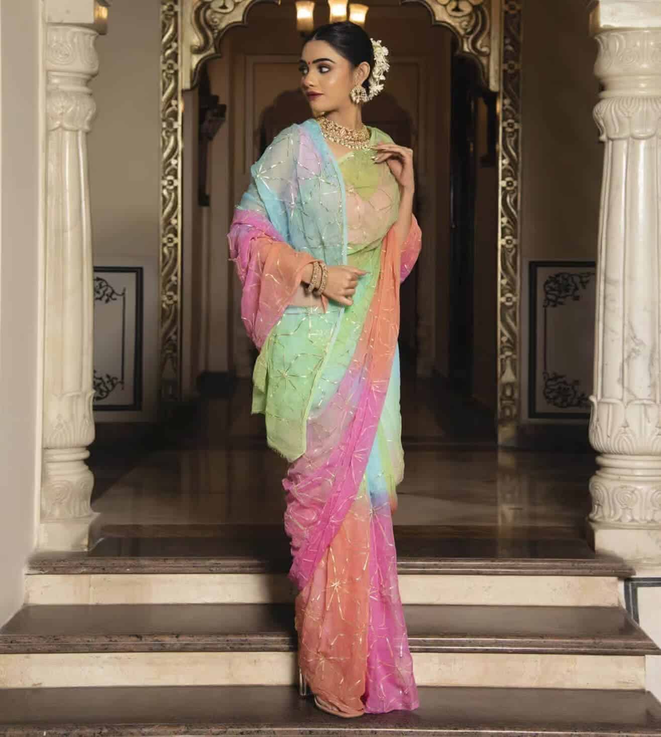 Multi-Color Multisky Gotapatti Pure Chiffon Saree by Calmna