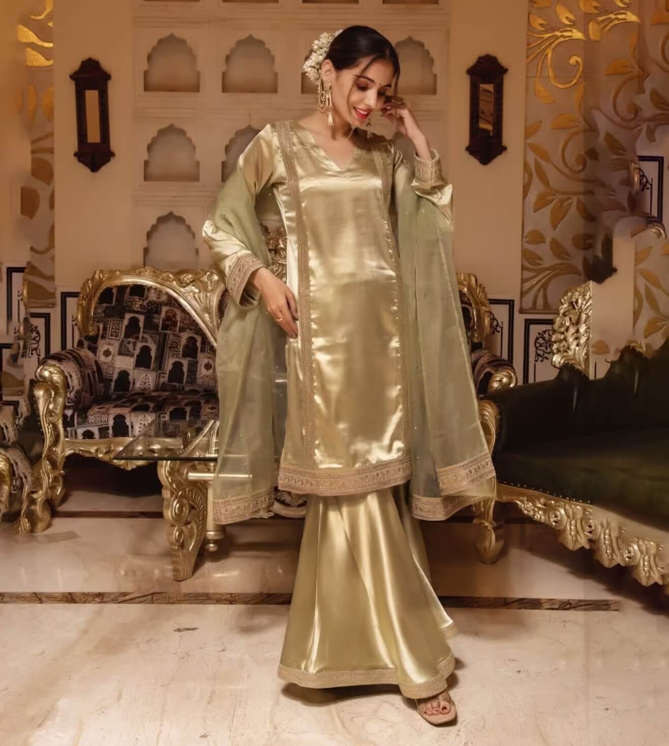 Pastel Green Seroi Satin Kurta with Sharara and Dupatta by Calmna