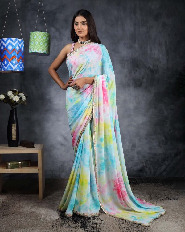 Sky Blue And Pink Tye And Dye Pattern Digital Print Georgette Saree With Sequins Lace Border