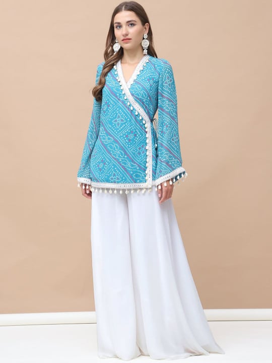 Bandhani Printed V Neck Angrakha Tunic with Solid Sharara by Kelin