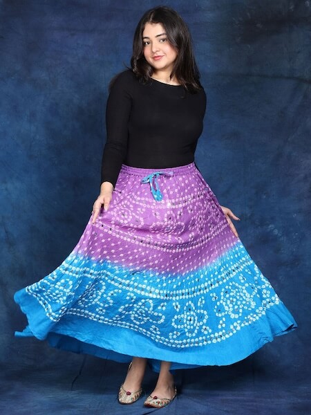 Bandhani Tie-Dye Printed Pure Cotton Maxi A-Line Skirt by Exotic India