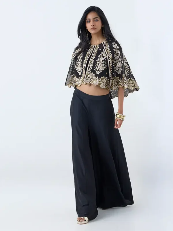 Black Floral Embroidered Cotton-Blend Ethnic Set by Vark