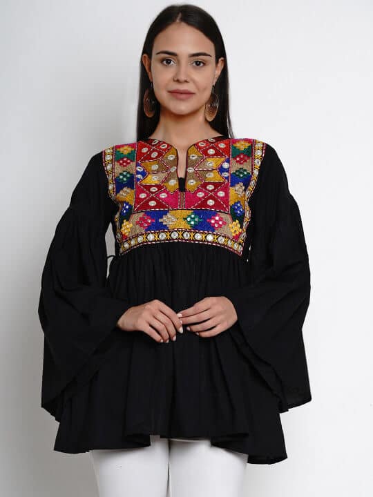 Black & Pink Mandarin Collar Embroidered Bohemian Tunic by Bhama Couture