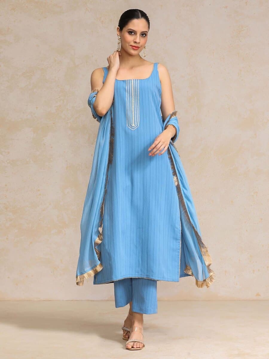 Blue Gota Embellished Spaghetti Strap Kurta with Tonal Pant and Dupatta (Set of 3) by Varanga