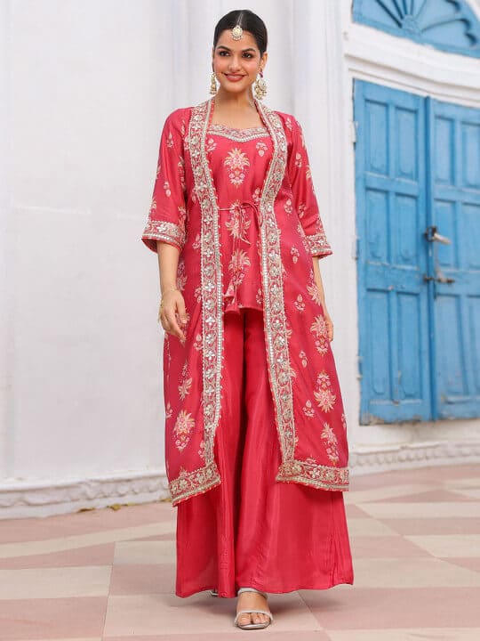 Coral Chanderi Silk Floral Printed Shrug Set by Scakhi