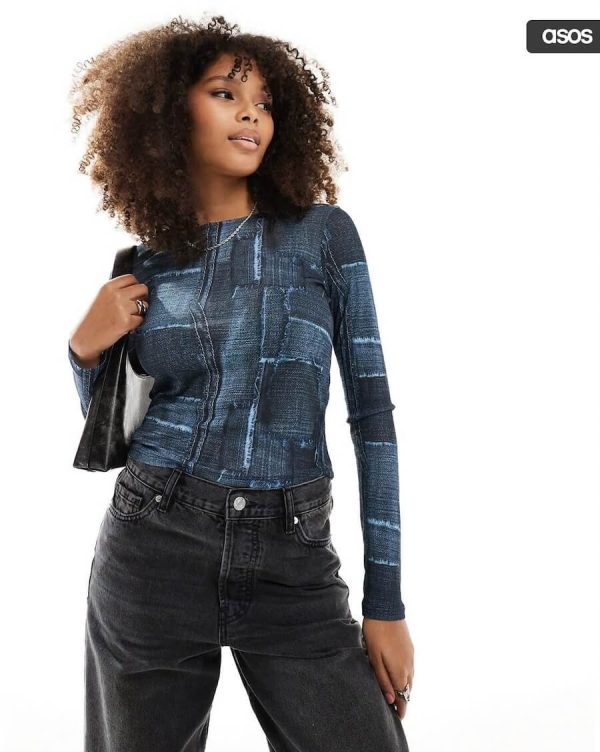 Denim Patchwork Graphic Print Long Sleeve Mesh Baby T-Shirt by Asos Design