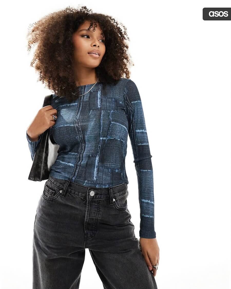 Denim Patchwork Graphic Print Long Sleeve Mesh Baby T-Shirt by Asos Design