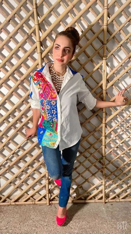 Embellished Shirt with Patchwork, White