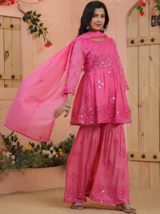 Embroidered Empire Mirror Work Pure Cotton Kurti with Sharara & With Dupatta by Scakhi