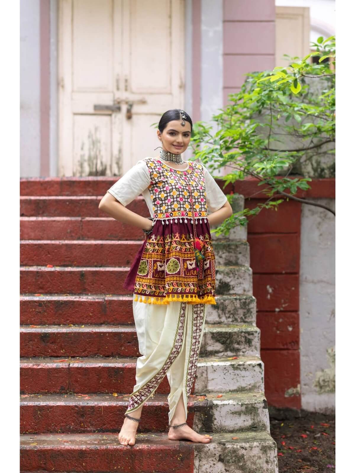 Embroidered Navratri Kedia Top with Dhoti (Set of 2) by Mesmora