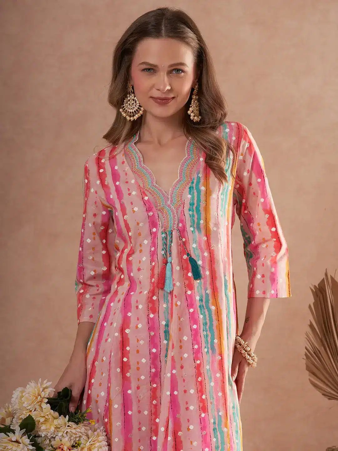 Ethnic Foil Stripes Printed A-Line Paneled Kurta with Pant - Multi