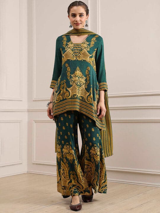 Ethnic Motifs Printed Empire Kurti With Palazzos & Dupatta Kurta Sets by Biba