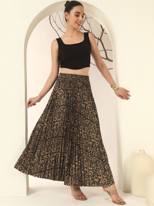 Floral Printed A-Line Pleated Maxi Skirt by Zwerlon