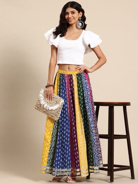 Floral Printed Pure Cotton Flared Maxi Skirt by Anayna