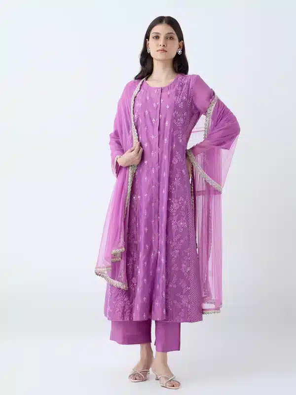 Magenta Embroidered A-Line Cotton-Blend Ethnic Set by Vark