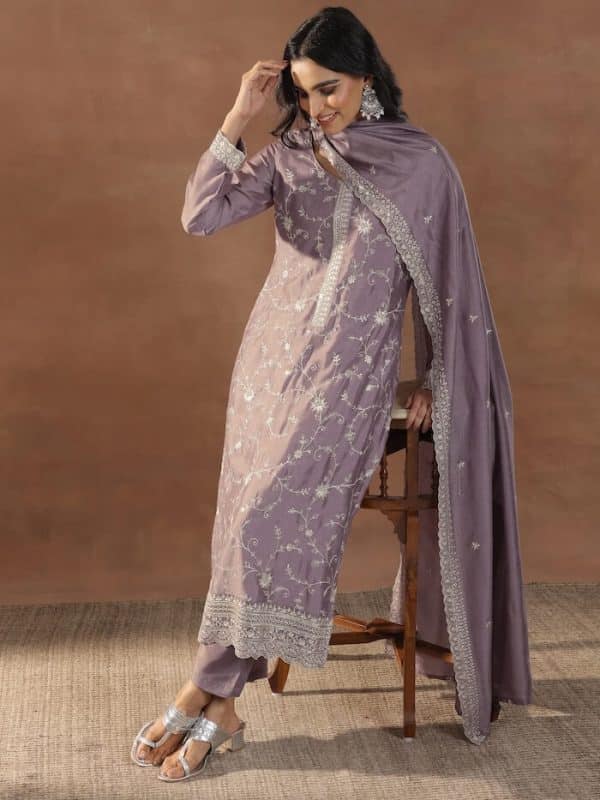 Mauve Embroidered Silk Blend Straight Suit Set With Dupatta
