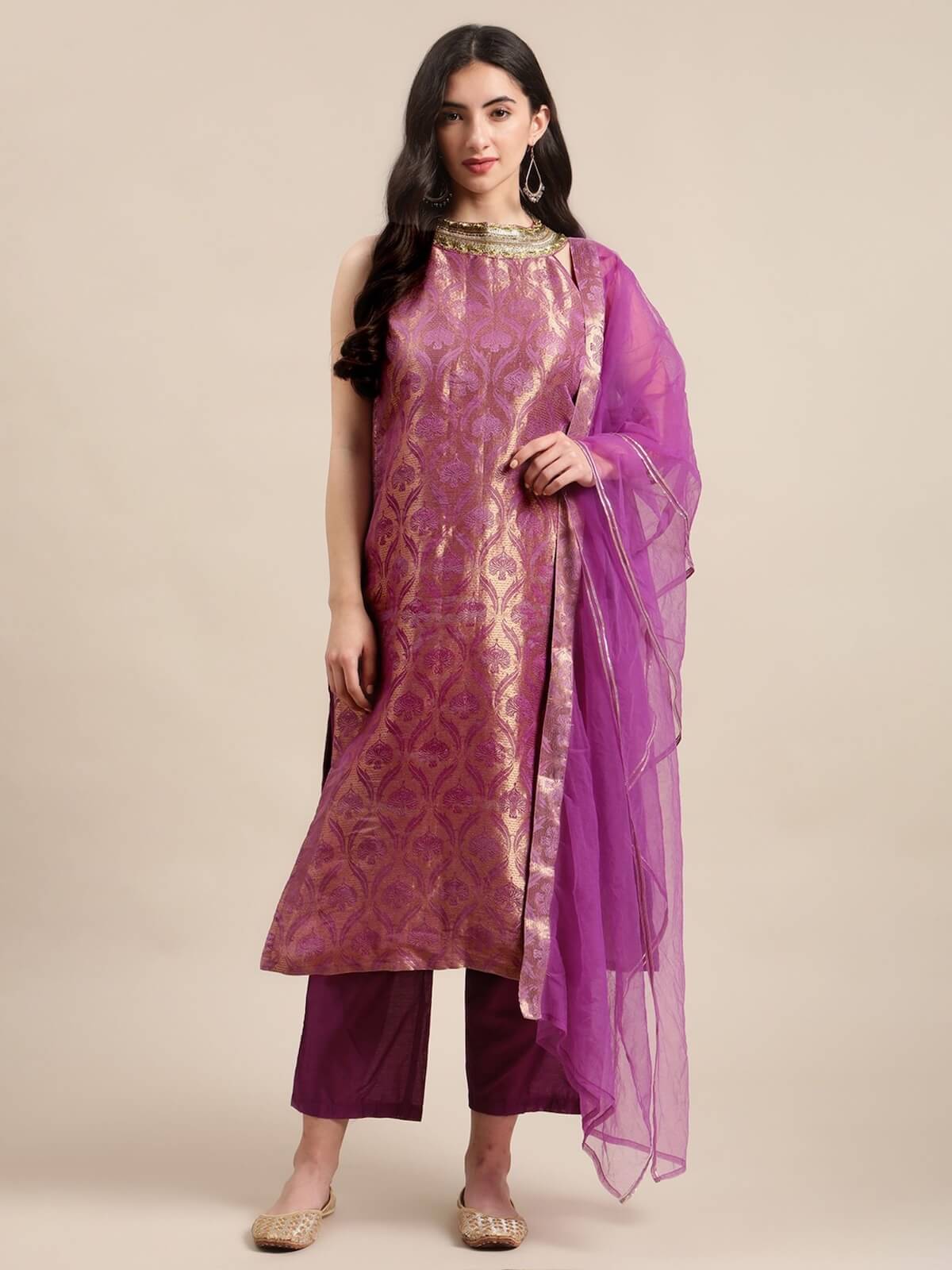 Mauve Halter Neck Kurta with Trouser and Dupatta (Set of 3) by Varanga
