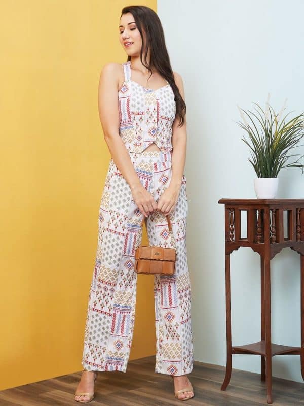 Multi White Patch Print Style Back Crop Top & Wide Leg Palazzos Co-Ord Set by Globus