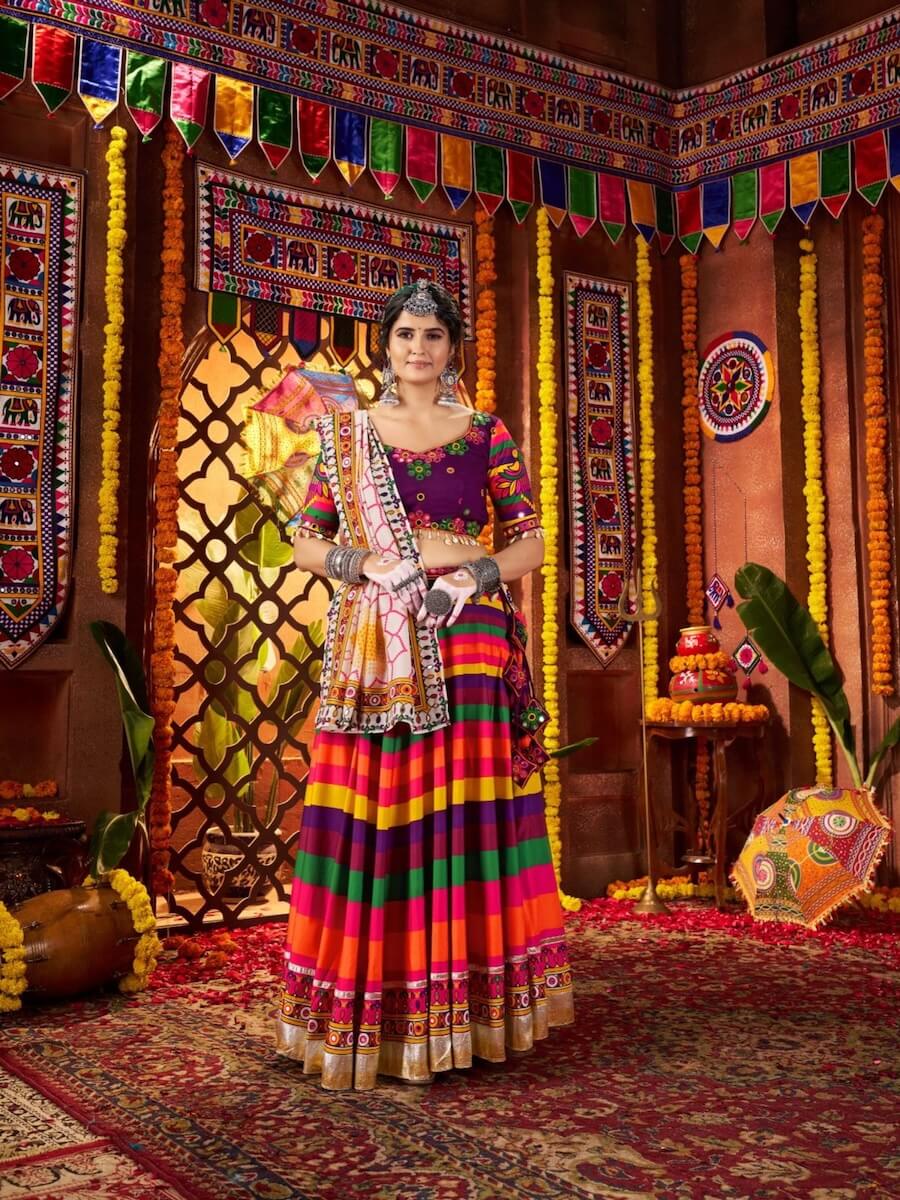 Multicolor Cotton Blend Printed with Mirror Work Semi-Stitched Lehenga by Odette