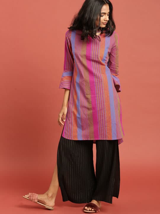 Multicoloured Striped South Cotton Woven Legacy A-Line Sustainable Kurta by Taavi