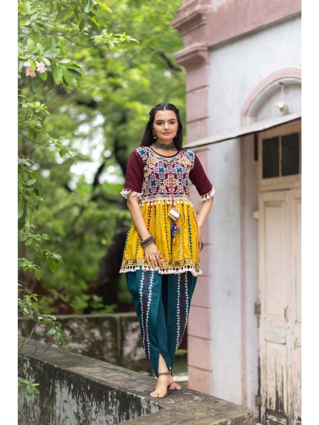 Navratri Special Multi-Color Kedia Top with Dhoti (Set of 2) by Mesmora