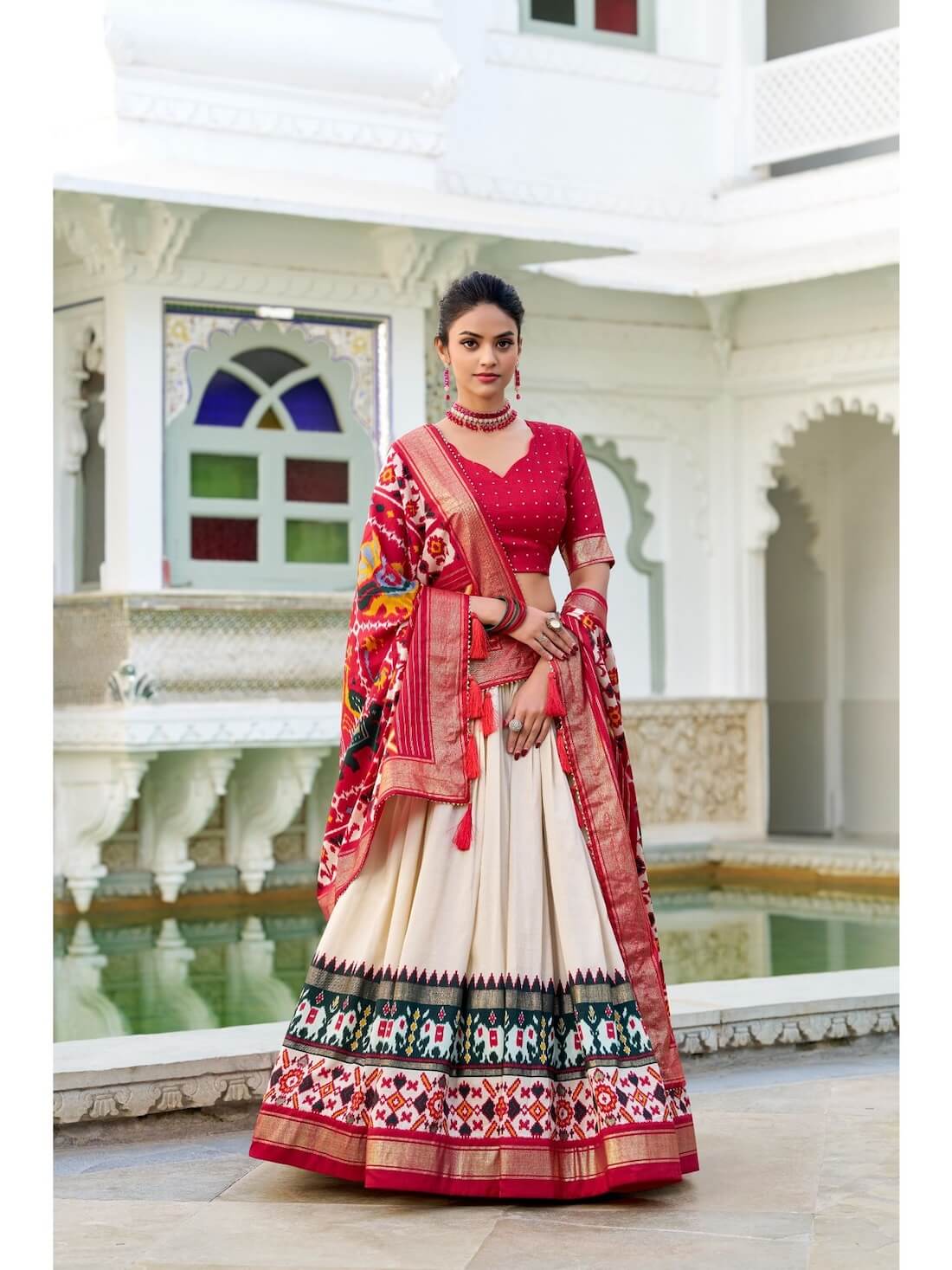 Off-White Tussar Silk Stitched Lehenga with Dupatta & Unstitched Blouse by Jatriqq