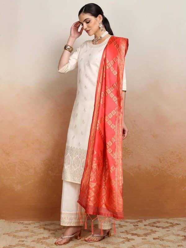 Off White Woven Kurta with Palazzo & Dupatta (Set of 3) by Vishudh