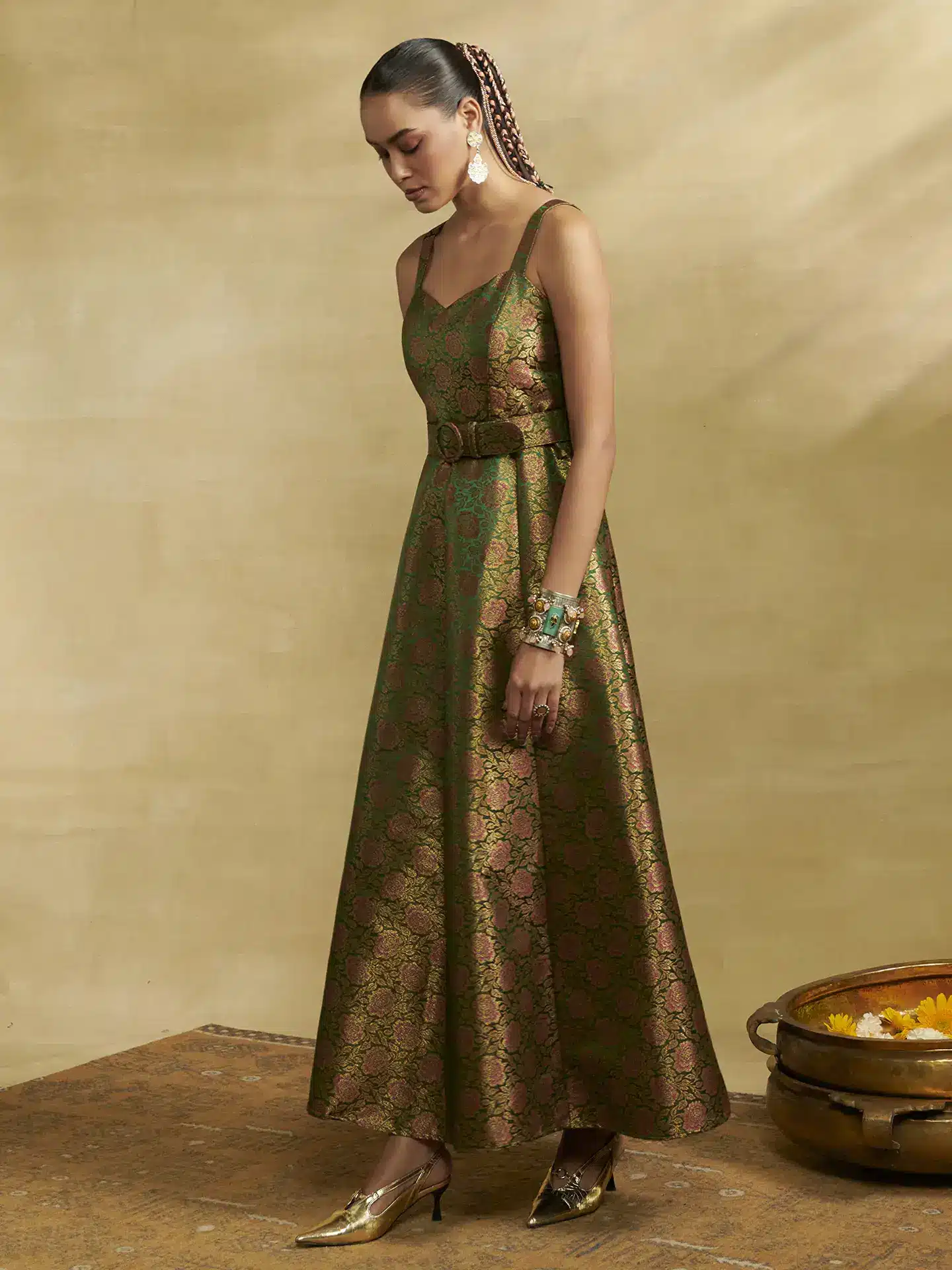Olive Green Tarang Festive Brocade Long Dress