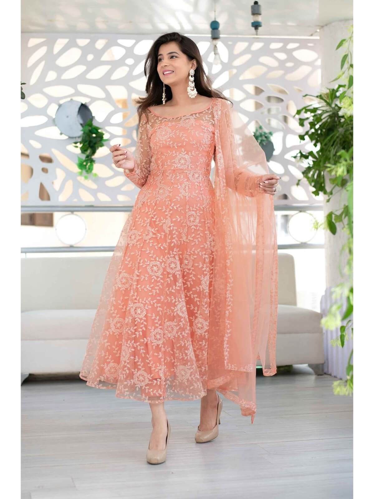 Peach Heavy Thread Work Anarkali And Pant With Net Dupatta (Set Of 3) by Label Shaurya Sanadhya