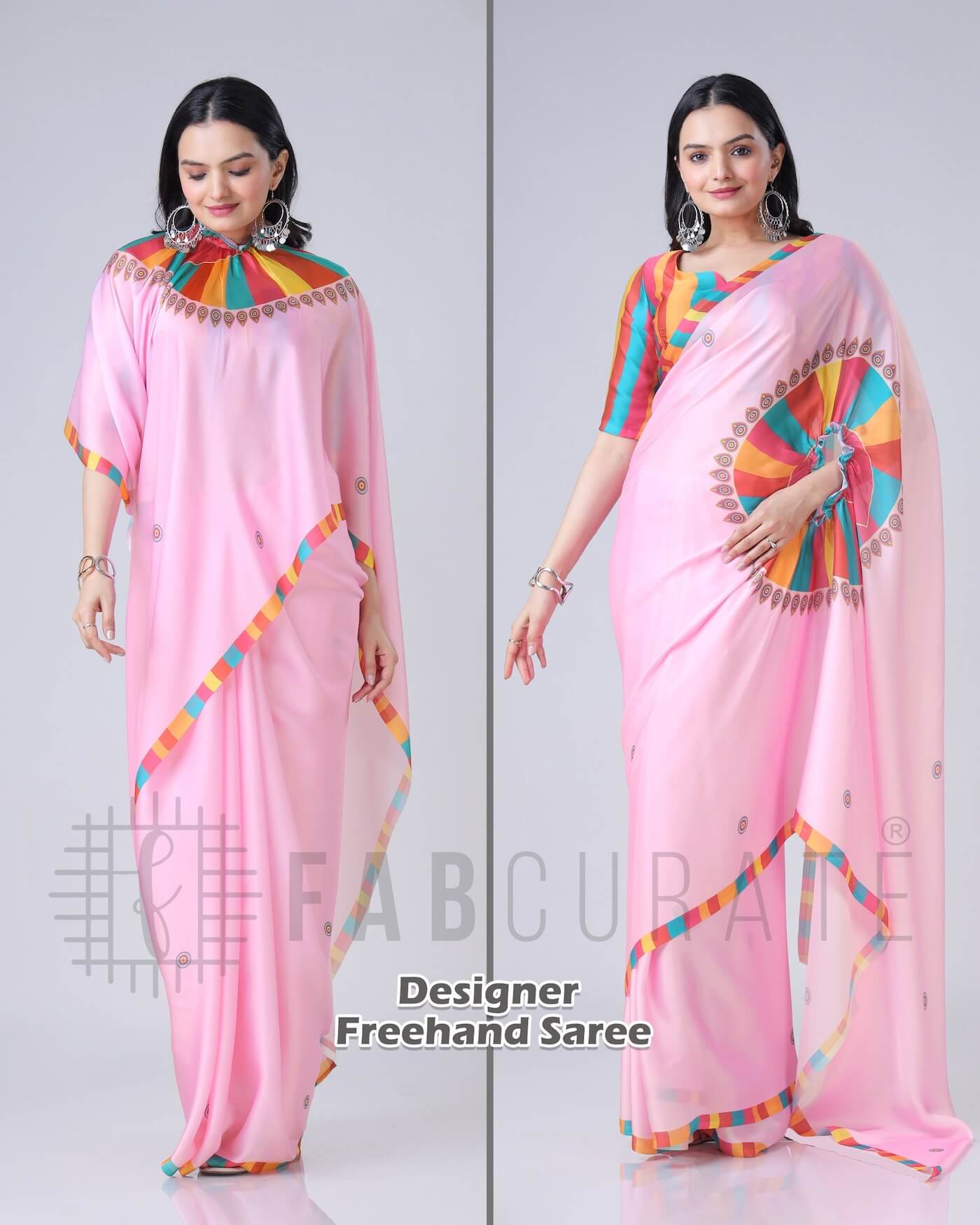 Pink Ethnic Contrast Border Freehand Saree