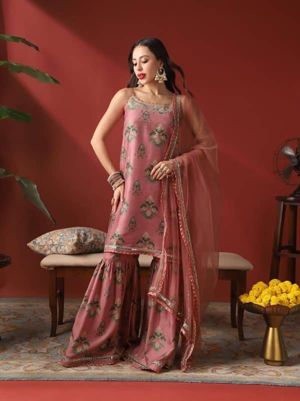 Pink Ethnic Print Embroidered Round Neck Kurta With Sharara And Dupatta by Globus