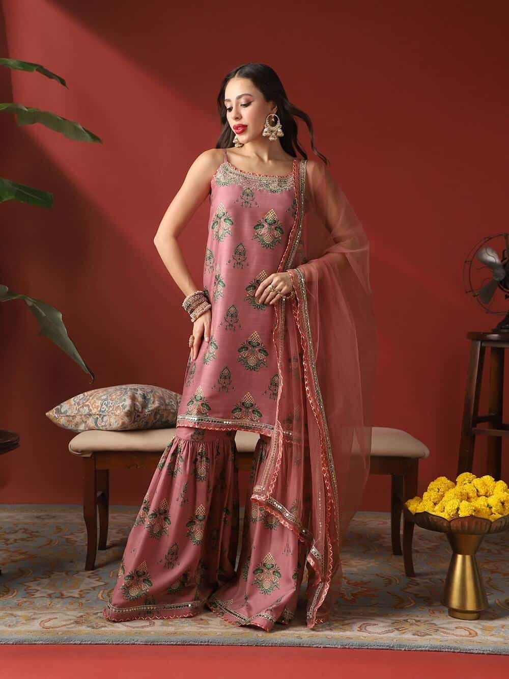 Pink Ethnic Print Embroidered Round Neck Kurta With Sharara And Dupatta by Globus