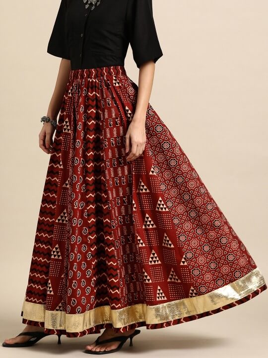 Printed A-Line Flared Cotton Maxi Skirt by Anayna