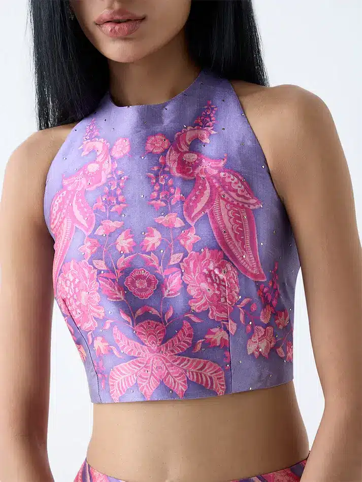 Purple Botanical Printed Halter-Neck Ethnic Top by Vark