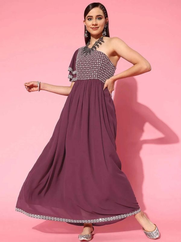 Purple Embroidered Maxi Dress by Libas
