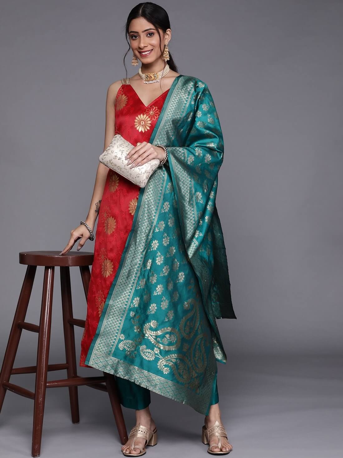 Red Shoulder Straps Kurta with Trouser and Dupatta (Set of 3) by Varanga