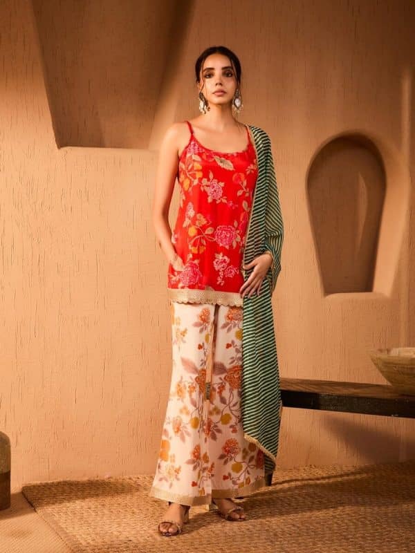 Sequin Embroidered Sleeveless Kurta with Palazzo and Dupatta (Set of 3) by Bani Women