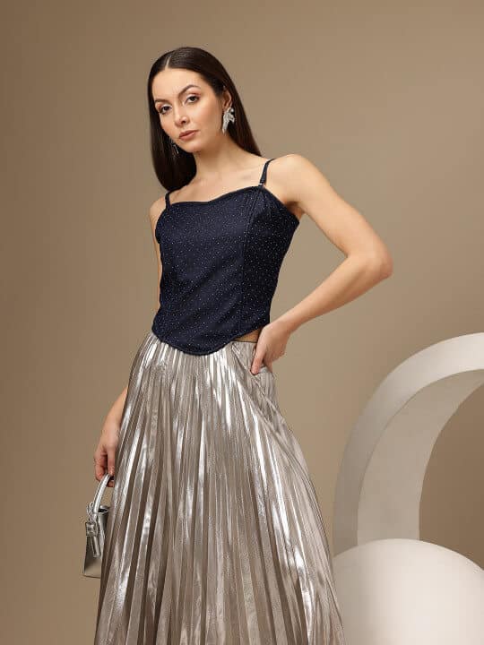 Sweetheart Neck Pure Cotton Denim Corset Top with Stone Details by Chemistry