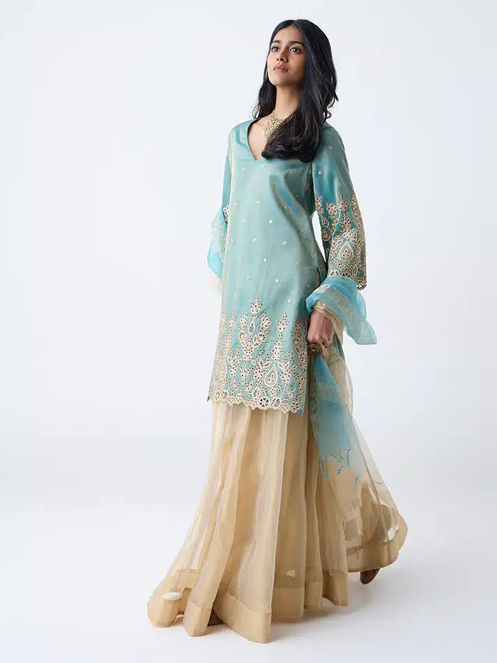 Teal Zari Embroidered A-Line Ethnic Set by Vark