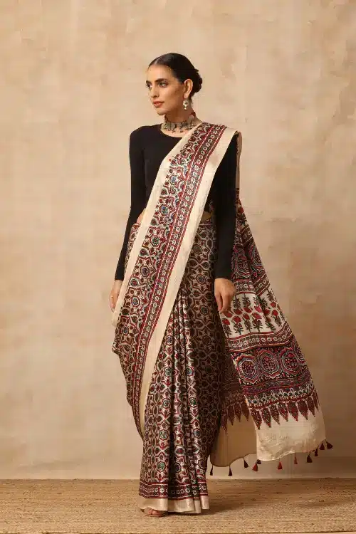 Tenaaro Ajrakh Hand Block Printed Modal Satin Saree