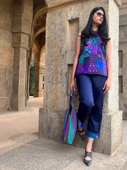 Tia Taffeta Trove Patola Silk Patchwork Top and Trouser Set