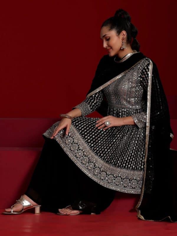 Art Black Embroidered Georgette A-Line Kurta With Palazzos & Dupatta