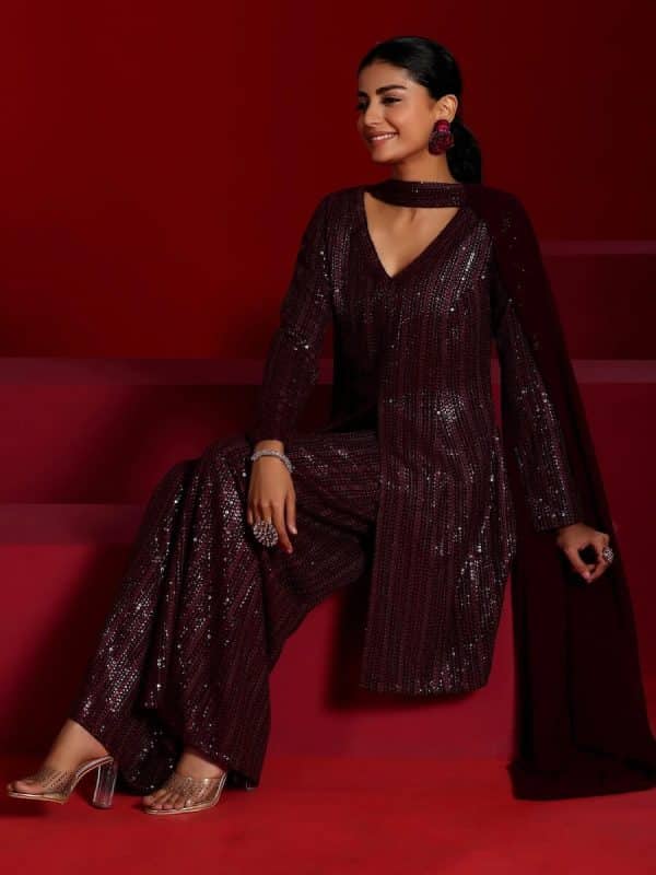 Art Wine Embroidered Georgette A-Line Kurta With Palazzos & Dupatta