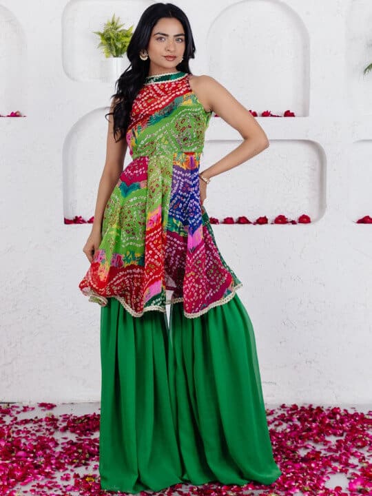 Bandhani Printed Regular Sequinned Top with Sharara & With Dupatta by Deasha India