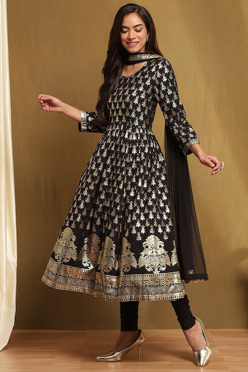 Black Foil Printed Anarkali Suit Set