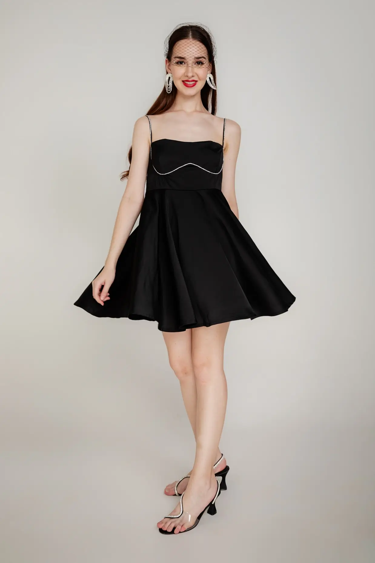Black Satin Mini Dress With Rhinestone Lace Detail
